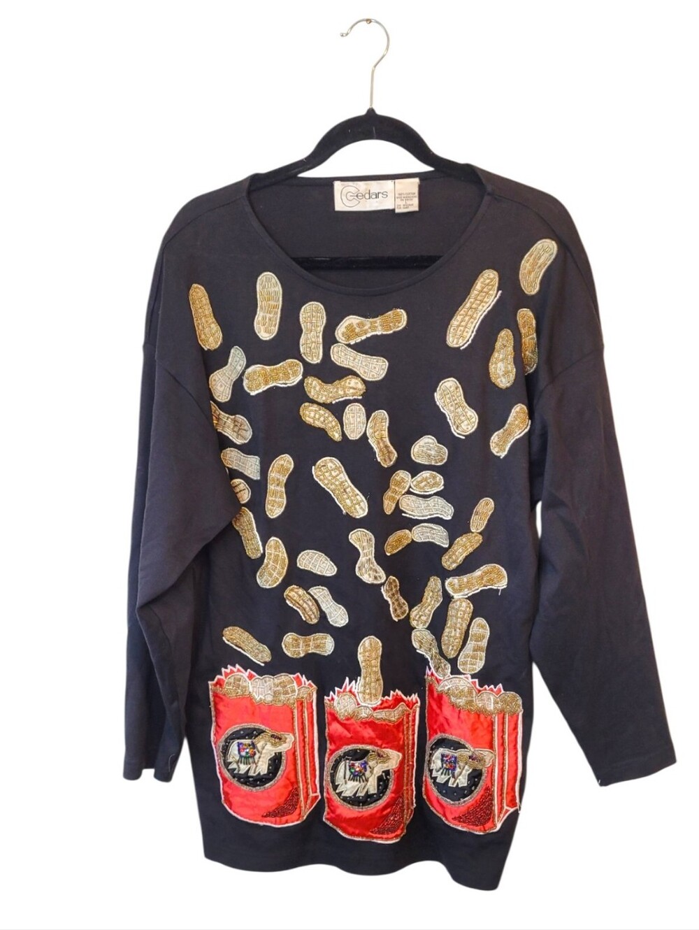 Vintage Gold Peanut Bedazzled Rhinestone Graphic Black Sweater Size L